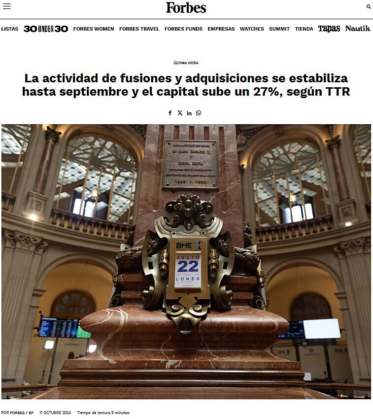 La actividad de fusiones y adquisiciones se estabiliza hasta septiembre y el capital sube un 27%, segn TTR